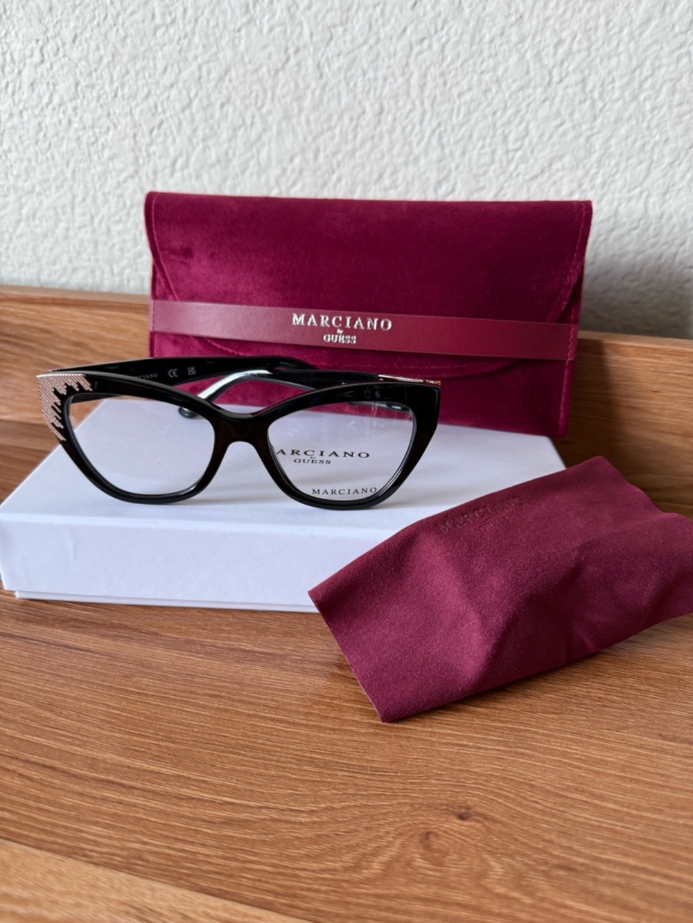 Marciano Black Cat-Eye Glasses with Burgundy Case